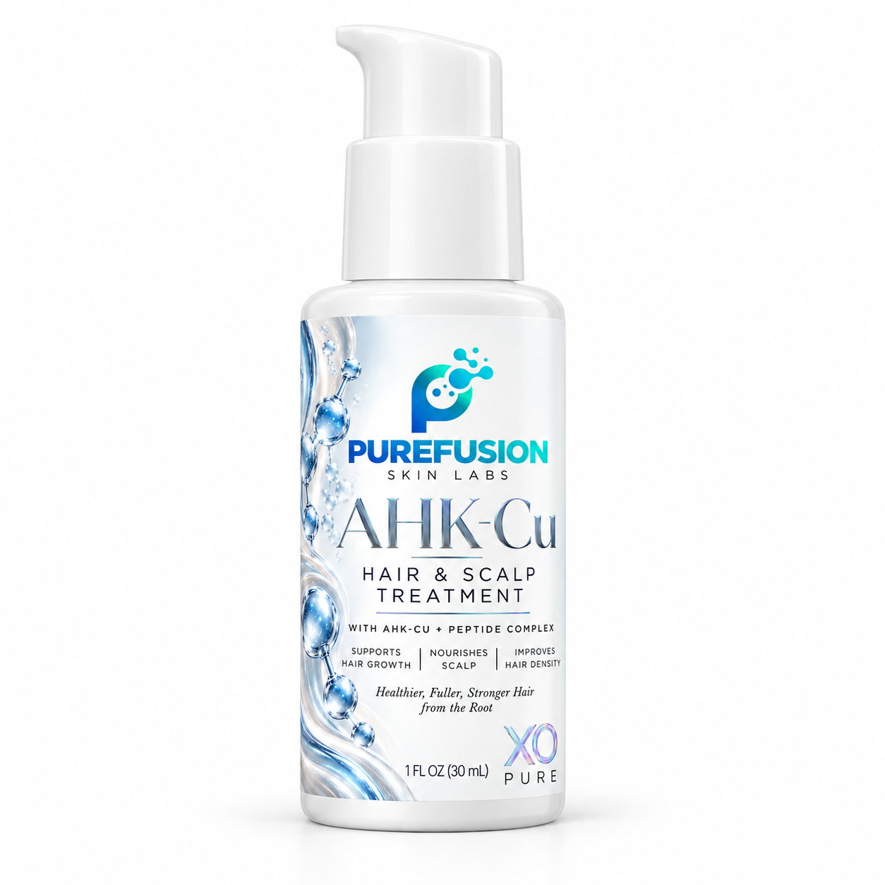 Purefusion AHK-Cu hair and scalp treatment, white 30 mL pump bottle, front view